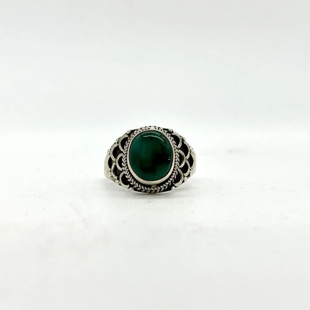 925 Sterling Silver Green Malachite Ring Boho Filigree Ornate Adjustable Size 10